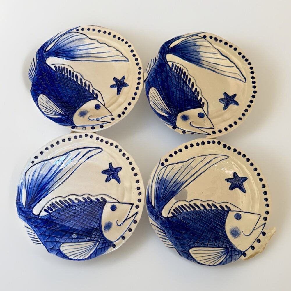 Blue Sky 10” Magic Sea Fish Blue Dinner Ceramic Plates Beach Nautical